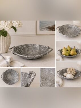 Mariposa Brillante Serveware Woven Large Bowl Cast Aluminum Organic Wood Rattan